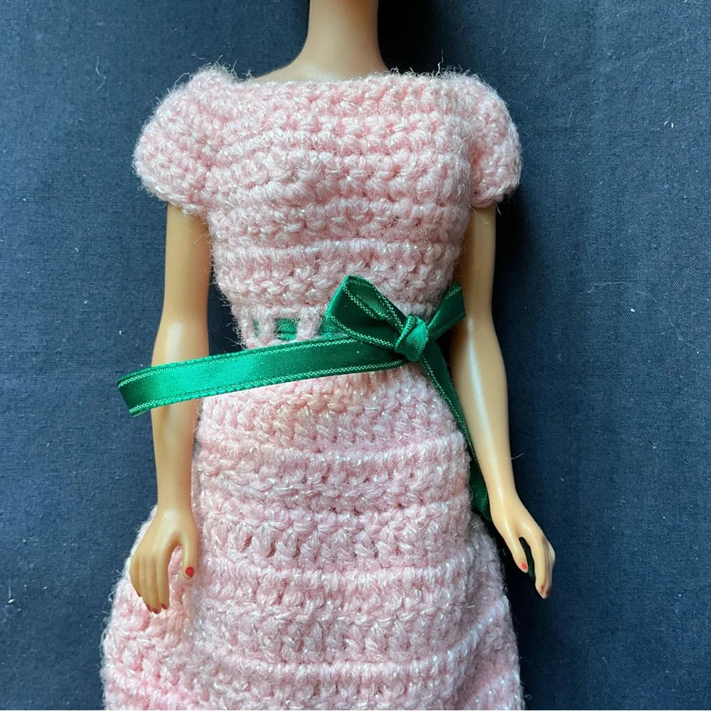Vintage 1960s Barbie Doll in Homemade Pink Crochet Dress No Wigs Japan Foot